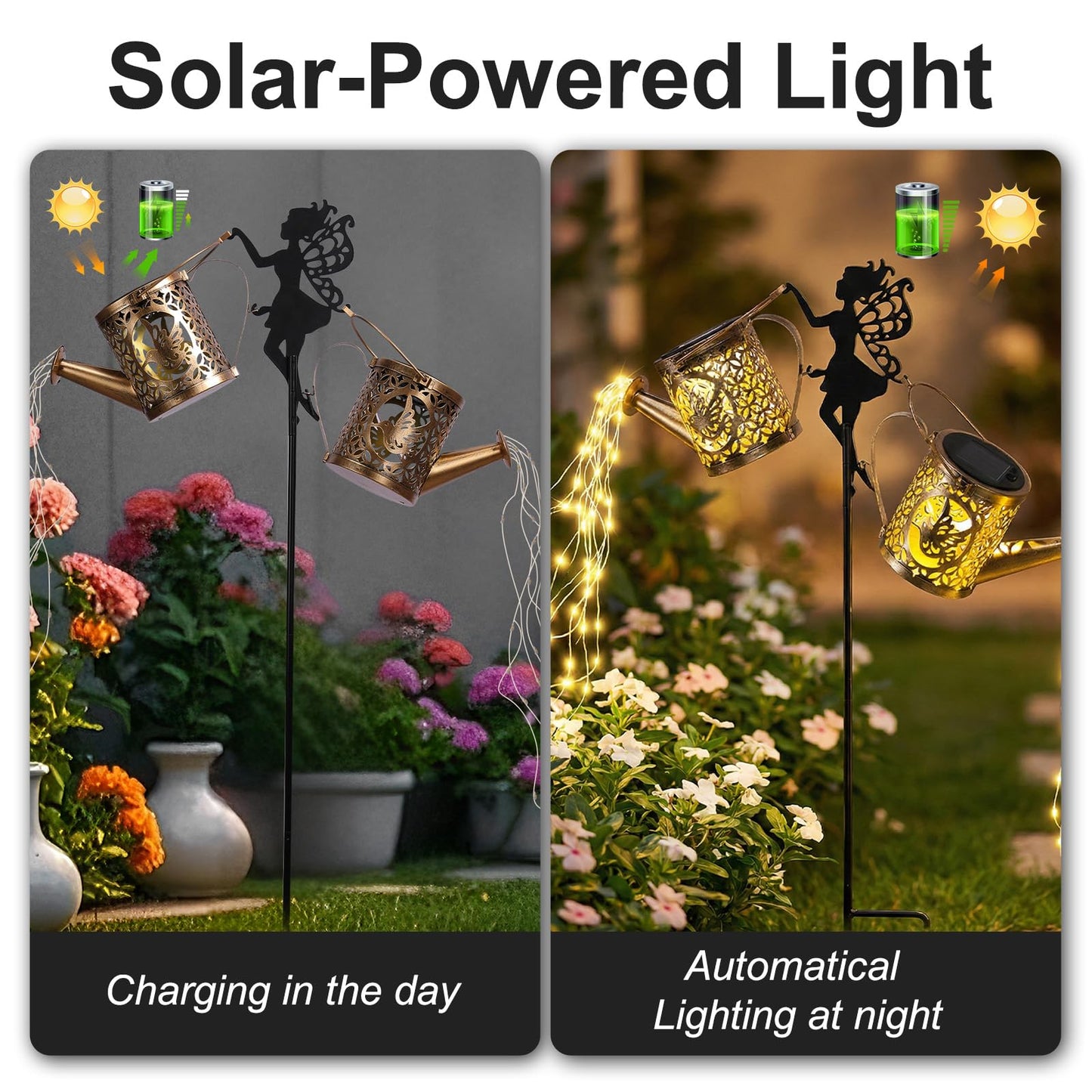 ZKLiLi Solar Fairy Hummingbird Watering Can Lights Outdoor, IP65 Waterproof Garden Decor with one Pole Two Light - Hanging Patio Lawn Pathway Gift for Backyard,Lawn,Patio