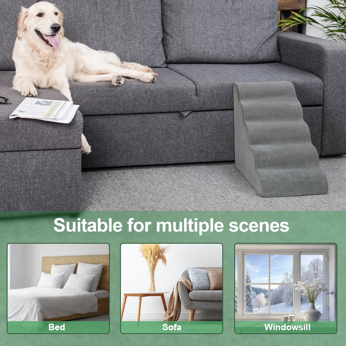 MOOACE 5 Steps Dog Stairs for Beds and Couches, Pet Stairs Rampwith High Density Expand Immediately Foam, Washable Cover and Pet Hair Remover Roller - Reduce Stress on Pet Joints/Easy to Walk