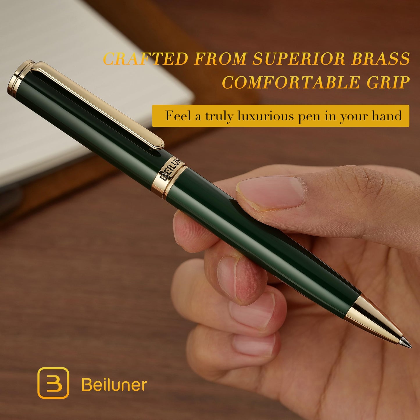 BEILUNER Luxury Gel Pen with 24K Gold Electroplating Finish, Green Piano Lacquer, Nice Craftsmanship, Best Gel Pen Gift Set for Men and Women, Professional, Office, Retractable, Designer Pens