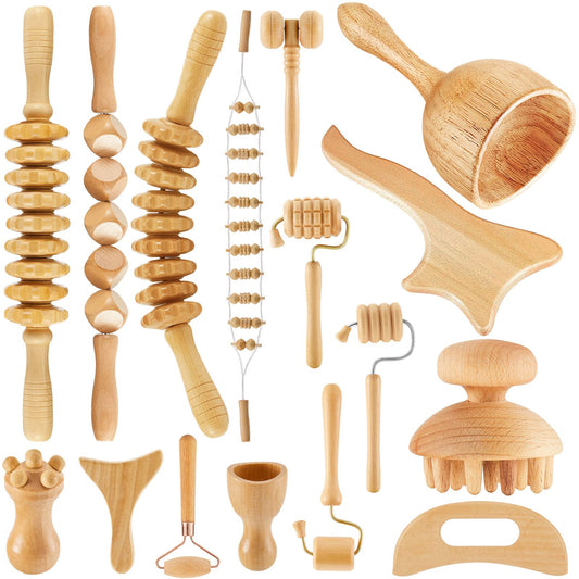 16-in-1 Wood Therapy Massage Tools Set Maderoterapia Kit Therapy Tools for Body Sculpting Muscle Pain Relief Lymphatic Drainage Women Face Wood Roller Fascia Massage