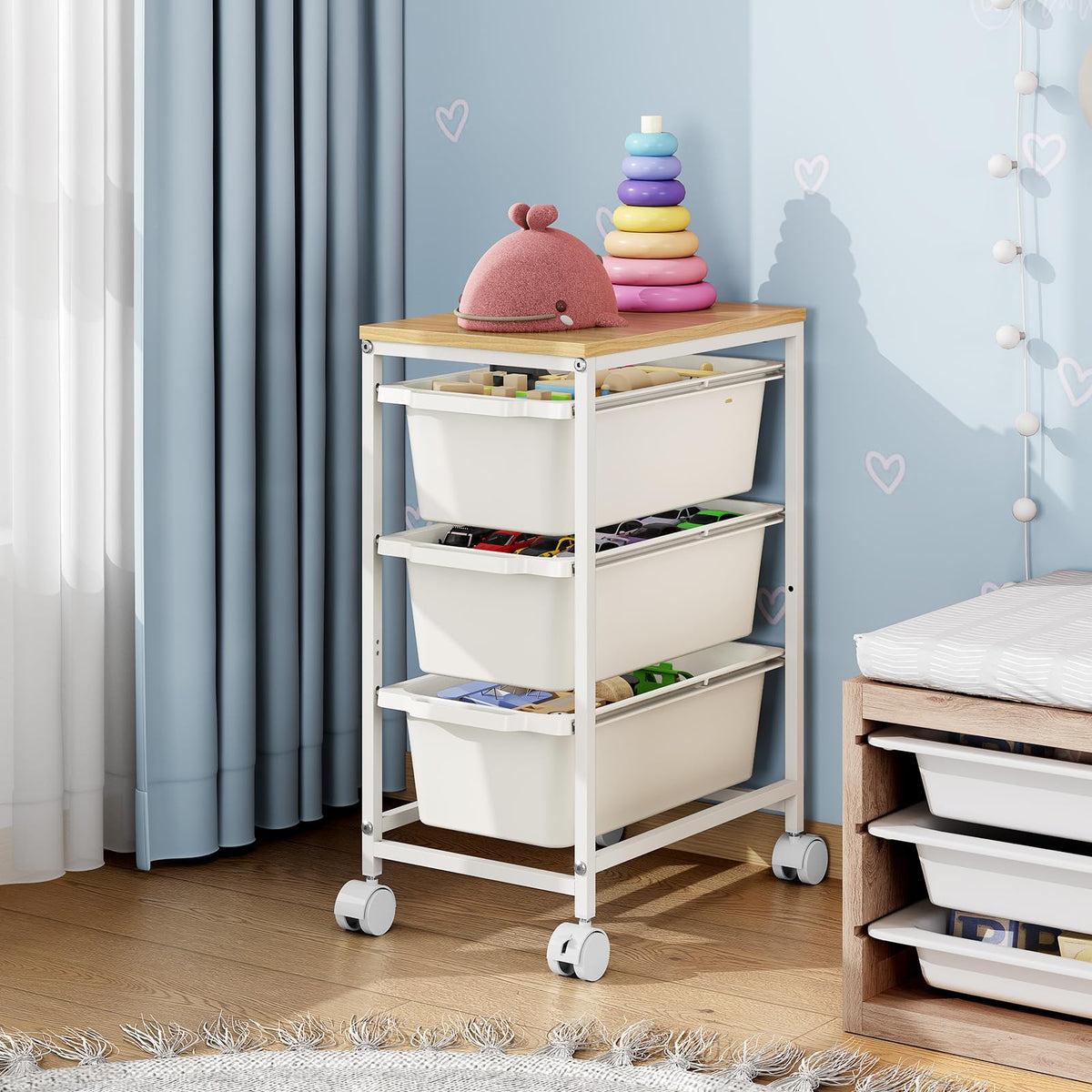 Rolling Storage Cart with 3 Drawers, Craft Organizer, Wooden Tabletop Utility Cart for Bedroom, Children's Room and Office Organization, Under Desk Trolley with Lockable Wheels, White