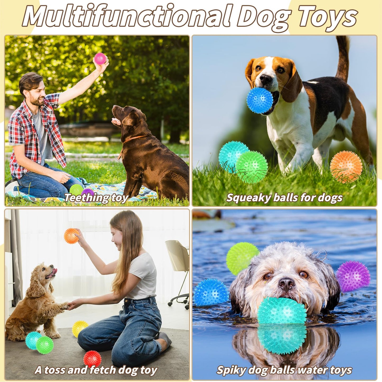UZLU 36 Pcs 2.5 in Squeaky Dog Toy Balls Spiky Dog Balls Chew Toy for Teething Durable High Bounce TPR Fetch Toy 9 Colors Water Toys for Small Medium Dogs Aggressive Chewers Clean Teeth and Training