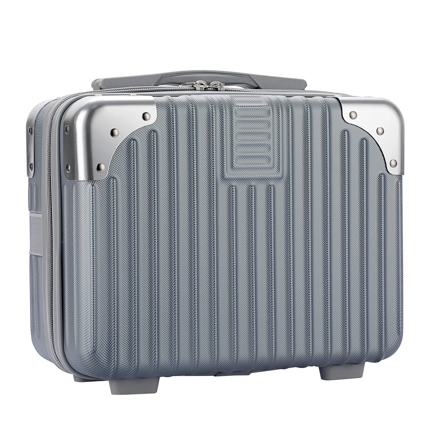BSTKEY Portable Hard Shell Cosmetic Travel Case, Small Travel Hand Luggage with Elastic Band, Mini ABS Carrying Makeup Case Suitcase, Silver, Fashion