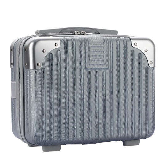 BSTKEY Portable Hard Shell Cosmetic Travel Case, Small Travel Hand Luggage with Elastic Band, Mini ABS Carrying Makeup Case Suitcase, Silver, Fashion