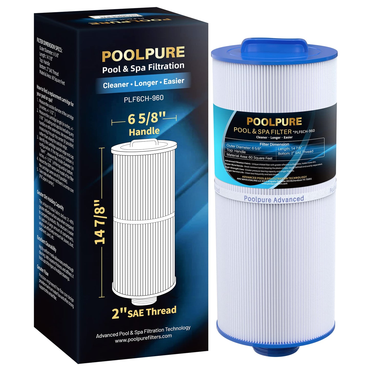POOLPURE PLF6CH-960 Spa Filter Replaces PJW60TL-F2S, Jacuzzi Filters J-300, J400, Unicel 6CH-960, Filbur FC-2800, 6540-476, 6540-383, Hot Tub Filter with Closed Handle(Not be Removed) 1 Pack (14 7/8")