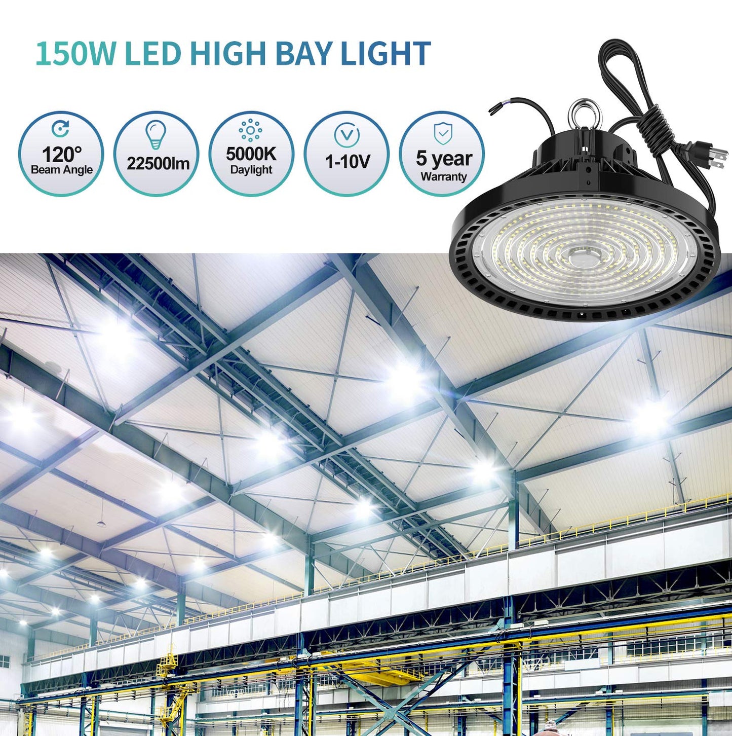 AC100-347V 150W Led High Bay Light Bulb UFO 5000k,Dimmable 22500 Lumens (600W HID/HPS Equivalent) Waterproof IP65 White (NO Plug) 1 Pack
