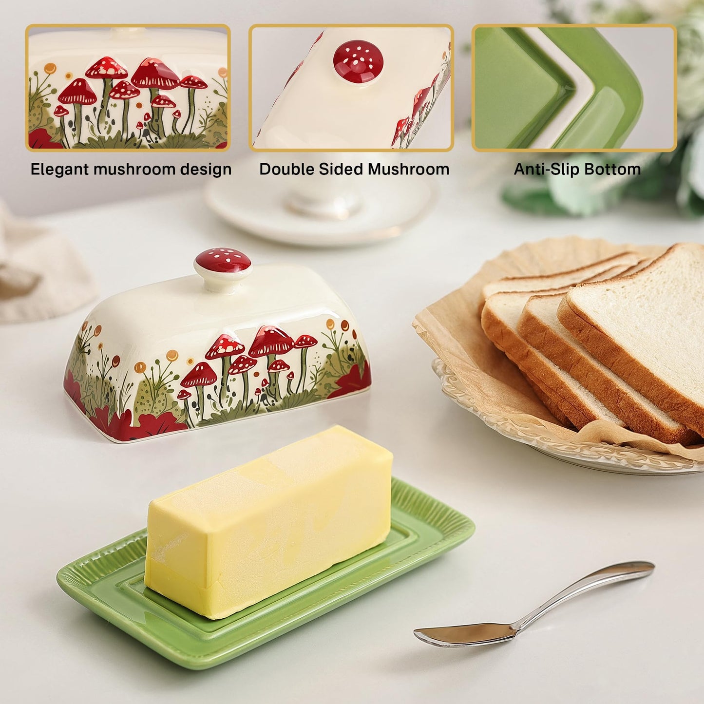 Fungi Fun Mushroom Butter Dish with Lid for Countertop Ceramic Butterdish, Red Mushroom Butter Container, Butter Tray Large Butter Dish Covered (White & Red Mushroom Butter Dish)