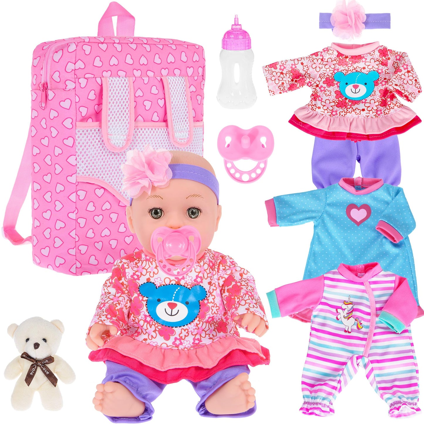 ebuddy 12 inch Baby Doll and Accessories-Reborn Baby Dolls Real Life Dolls with 3 Sets Clothes,Backpack,Pacifier, Bottle(One Doll)