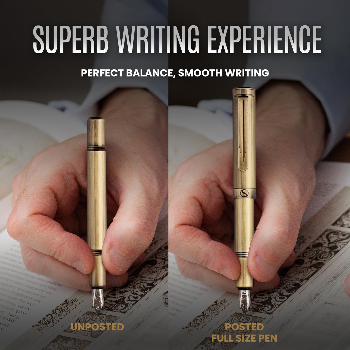 Scriveiner Luxury EDC Fountain Pen (Medium), Stunning Heavy Brass Pocket Pen, Hand Brushed Finish, Schmidt German Nib Converter, Best Writing Pen Gift Set for Men Women, Nice Fancy Designer Pen