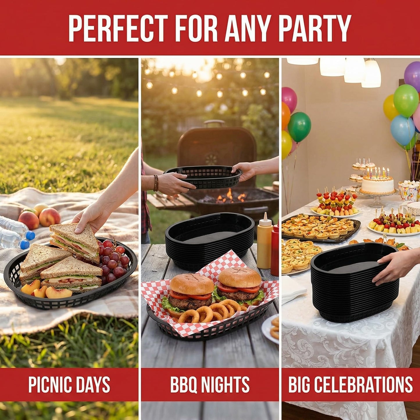 Cedilis 40 Pack Fast Food Baskets, 10.5 x 7 Inch Black Plastic Baskets, Food Service Tray for Hot Dogs, Burgers, Sandwiches, Fries, Barbecues, Picnics, Parties