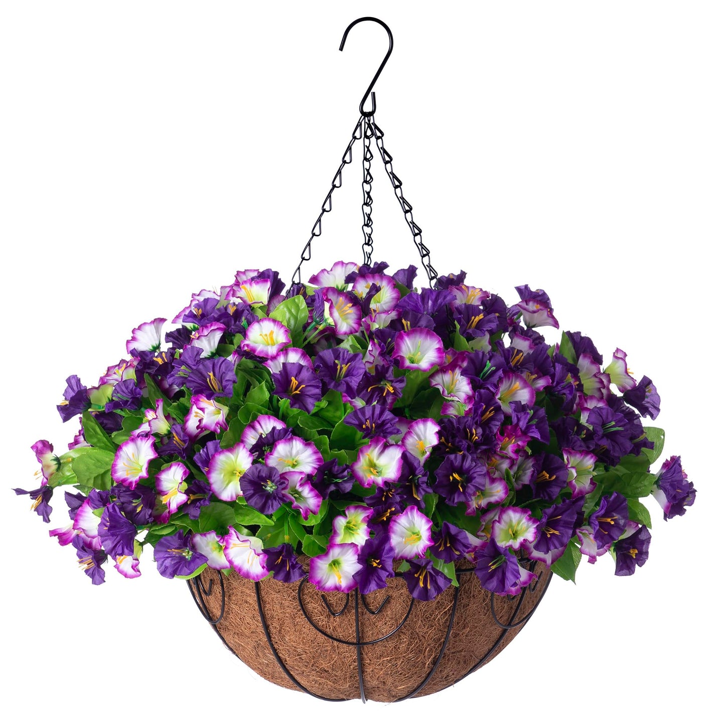 Ammyoo Artificial Hanging Flowers 12 inch Basket, Faux Silk Petunias Flower Arrangement,Coconut Lining Pot Planter with Morning Glories Patio Garden Porch Deck Spring Summer Decor(Purple Edge)