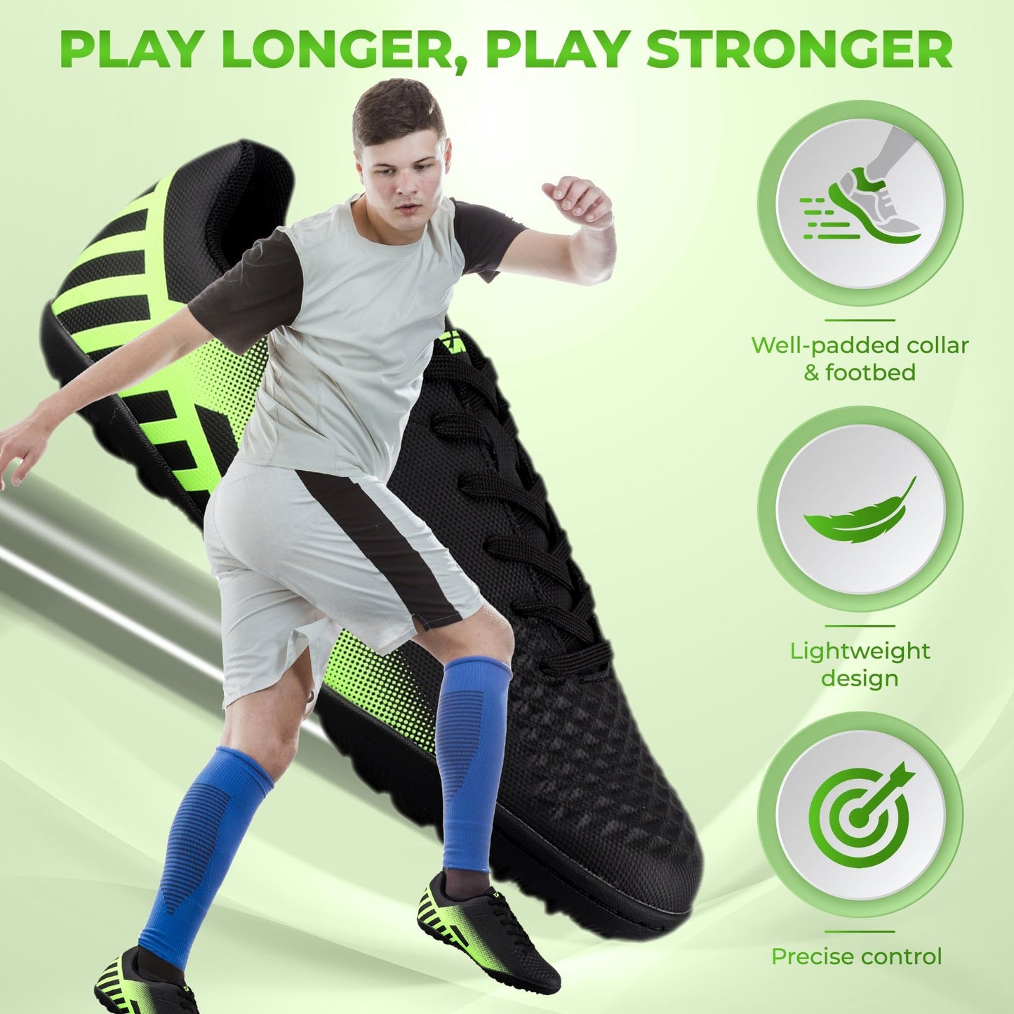 Vizari Santos Turf Soccer Shoes for Teen & Adult | Lightweight Football Turf Shoes with Dual Color Synthetic Upper | Durable Athletic Turf Shoes with Rubber Outsole for Men and Women, Black/Green, 10