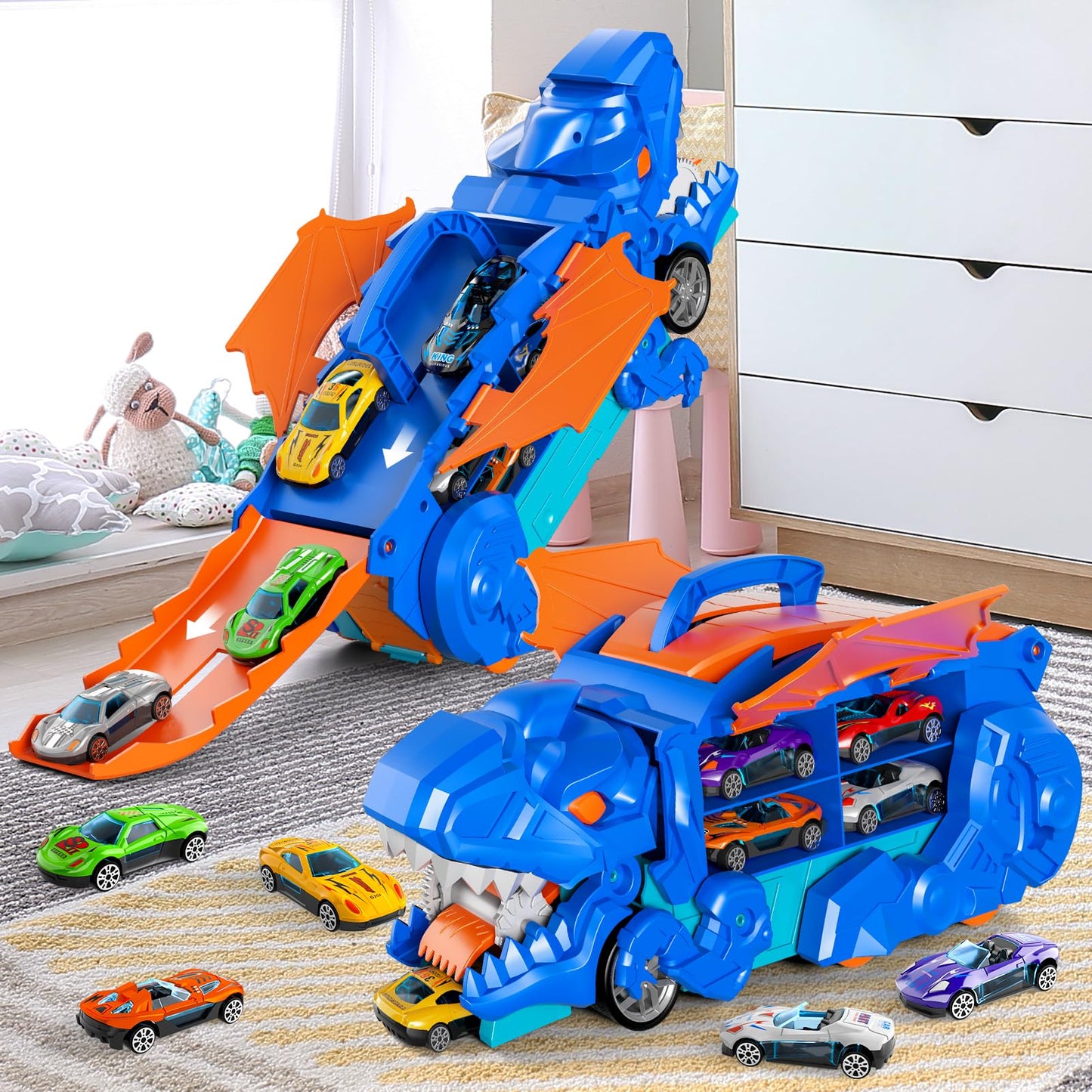 Toddler Dinosaur Truck Toys for 3 4 5 6 Years Old Boys, Cars Track Set Dinosaur Transporter Truck with 10 Die-Cast Cars, Transforms into Dino, Toddler Toys Set for Kids Boys Girls