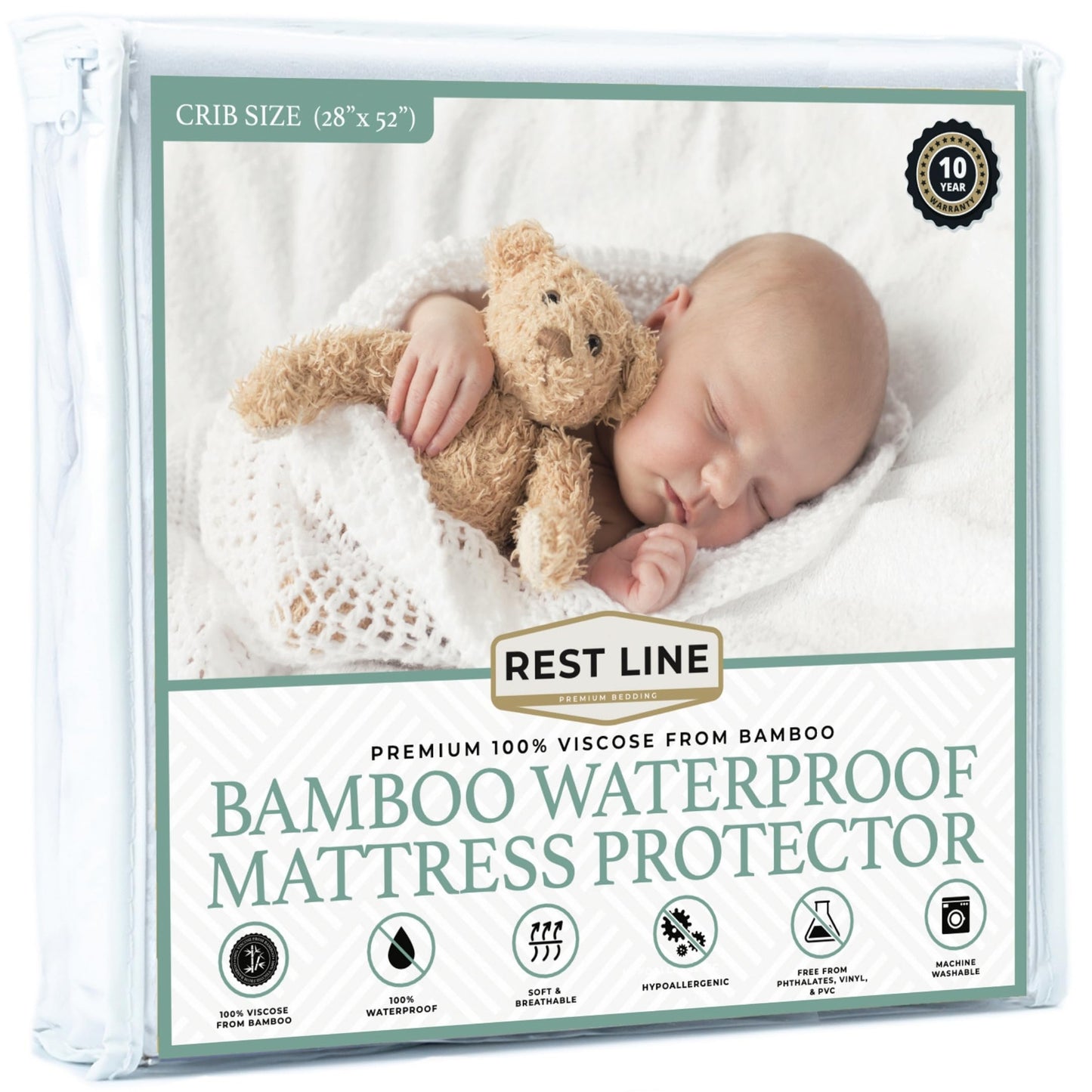 Crib Size 28x52” Premium Bamboo Waterproof Mattress Protector 100% Viscose from Bamboo, Hypoallergenic, Cooling Mattress Pad Cover, Soft Breathable Fitted Sheet Style up to 18" Deep - Rest Line