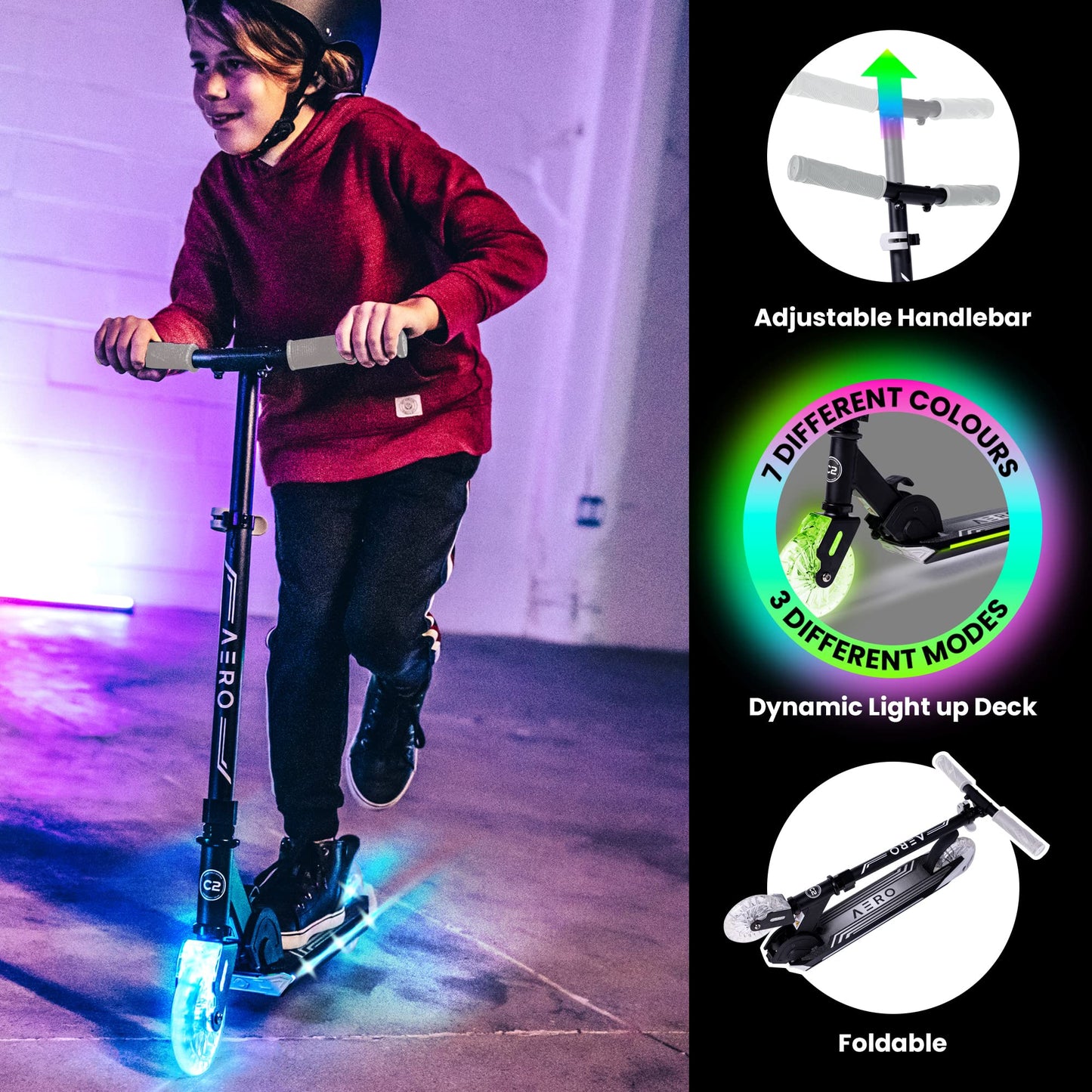 Aero Scooter for Kids 5-7 with Dynamic Lights | Boys Girls 2 Wheels Kick Scooter | Foldable & Height Adjustable, 110lbs Max
