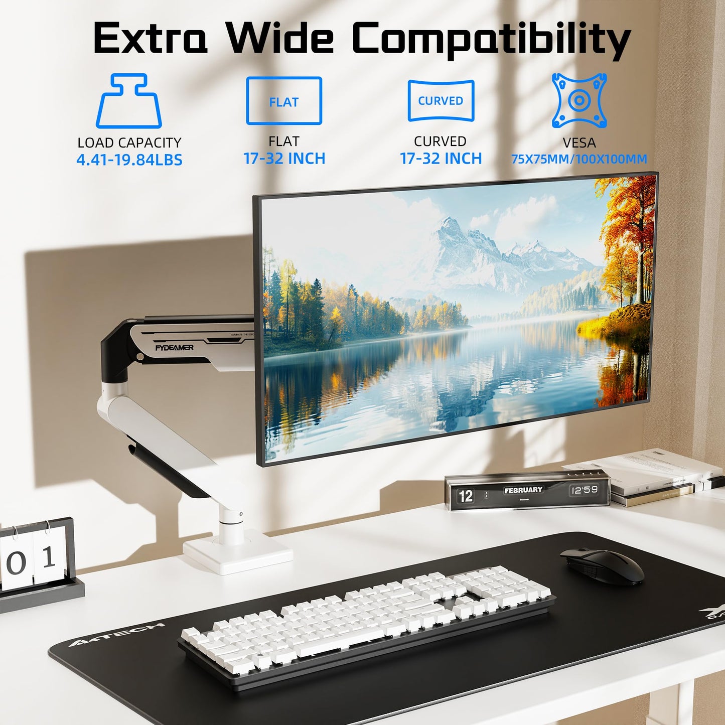Fydeamer Single Monitor Arm, Heavy Duty Gas Spring Monitor Mount for 17-32 Inch Screens up to 19.8lbs, Full Motion Adjustable Monitor Desk Mount with VESA 75x75/100x100mm Compatibility, White