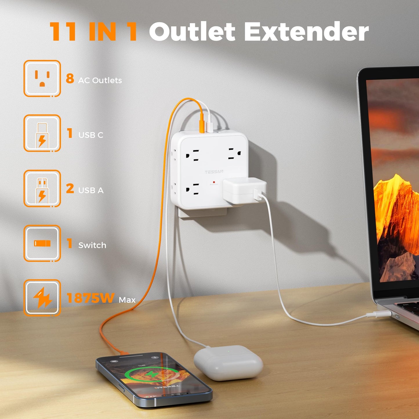 Multi Plug Outlet Extender, TESSAN 900J Surge Protector Plug Extension Block, 8 Outlet Splitter with 3 USB Ports (1 USB C), Electrical Socket for Home Office Dorm Room Essentials, White