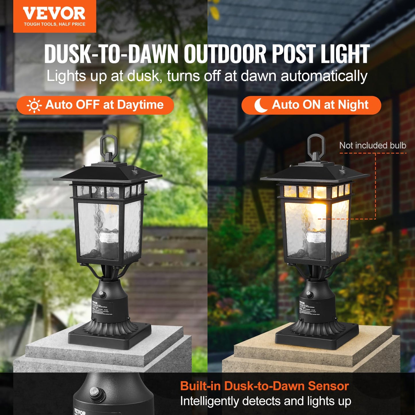 VEVOR 2 Pack Dusk to Dawn Outdoor Post Light, 15.75 in, Waterproof Lamp Post Light Fixtures with 3.5 in Pier Mount Base Glass Shade, Lightning-proof Exterior Pole Column Light for Patio Garden Pathway