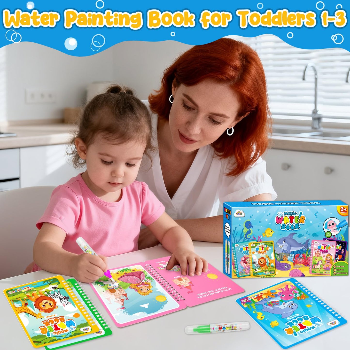 ZMLM 24 Water Painting Books for Toddlers - Reusable Water Coloring Book with Pen,Magic Paint with Doodle Books for 3 4 5 6 7 8 Years Old Drawing Set Travel Toys Gift for Girl Boy (Classic)