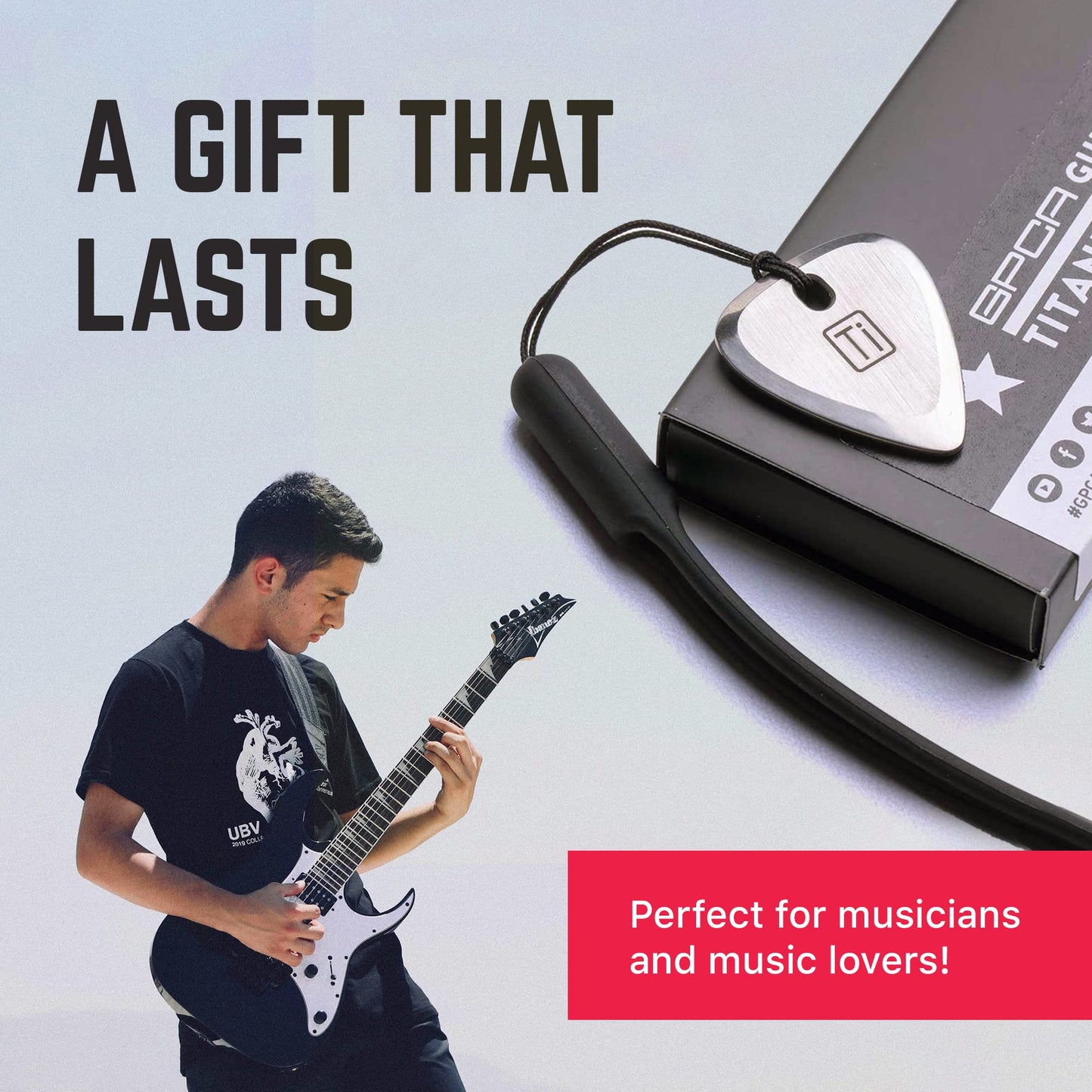 GPCA Titanium Guitar Pick, 3mm Thick Metal Guitar Pick for Guitar, Bass, and Ukulele, comes with Wrist Strap, Must-Have Guitar Accessories, Gift for Musicians and Music Lovers