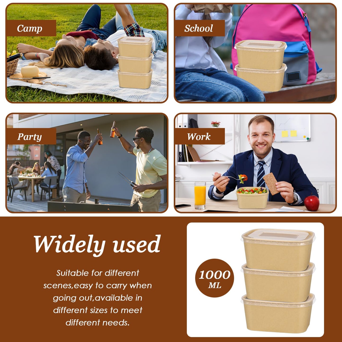 1000ml Disposable Paper Bowls with Lids, 50 Sets Large Kraft Paper Salad Bowls, Non-Spill Meal Prep Food Container for Restaurant Soup Noodle Hot Cold Takeout (33oz)