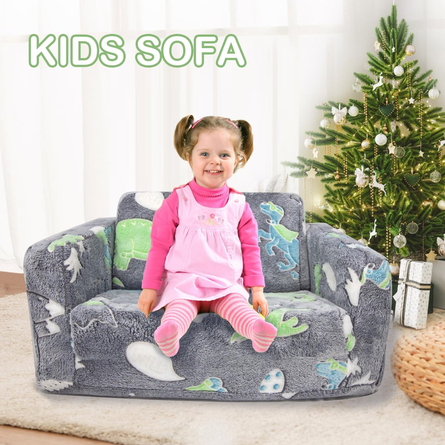 Kids Sofa Toddlers Sofa Glow in The Dark Kids Fold Out Play Couch Mini Dinosaur Couch for Kids Toddlers