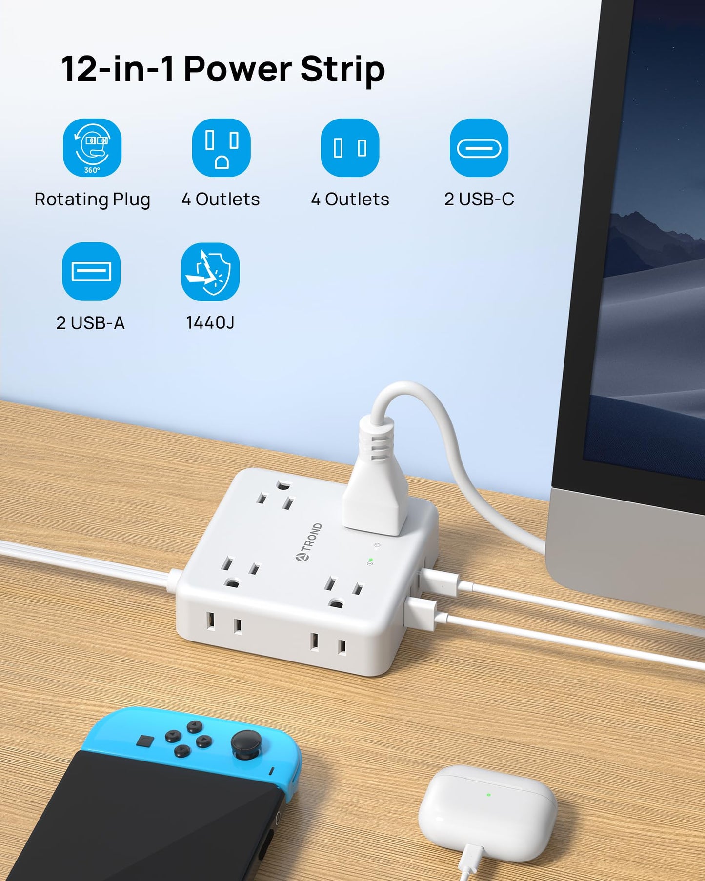 TROND 360° Rotating Flat Plug Power Bar with 2 USB C, 8 Widely Spaced Outlets, 5FT Slim Extension Cord, 1440J Surge Protector Power Strip, Wall Mount for Home Office Dorm Travel Essentials, White