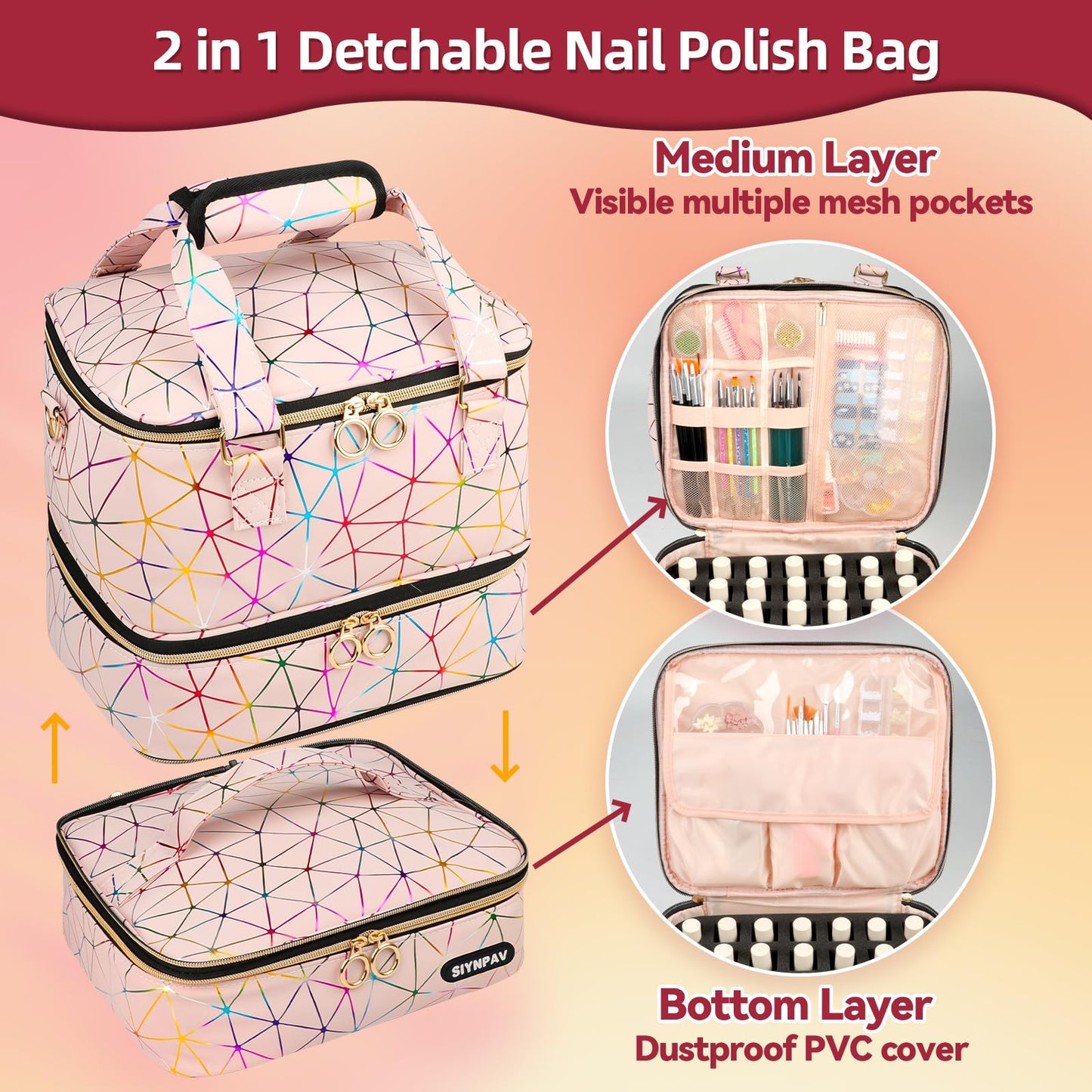 SIYNPAV Nail Polish Organizer, Pink, XL Large-84 Bottles, Three Layer Detachable Nail Polish Bag Organizer Carrying Case With Shoulder& Holder Strap