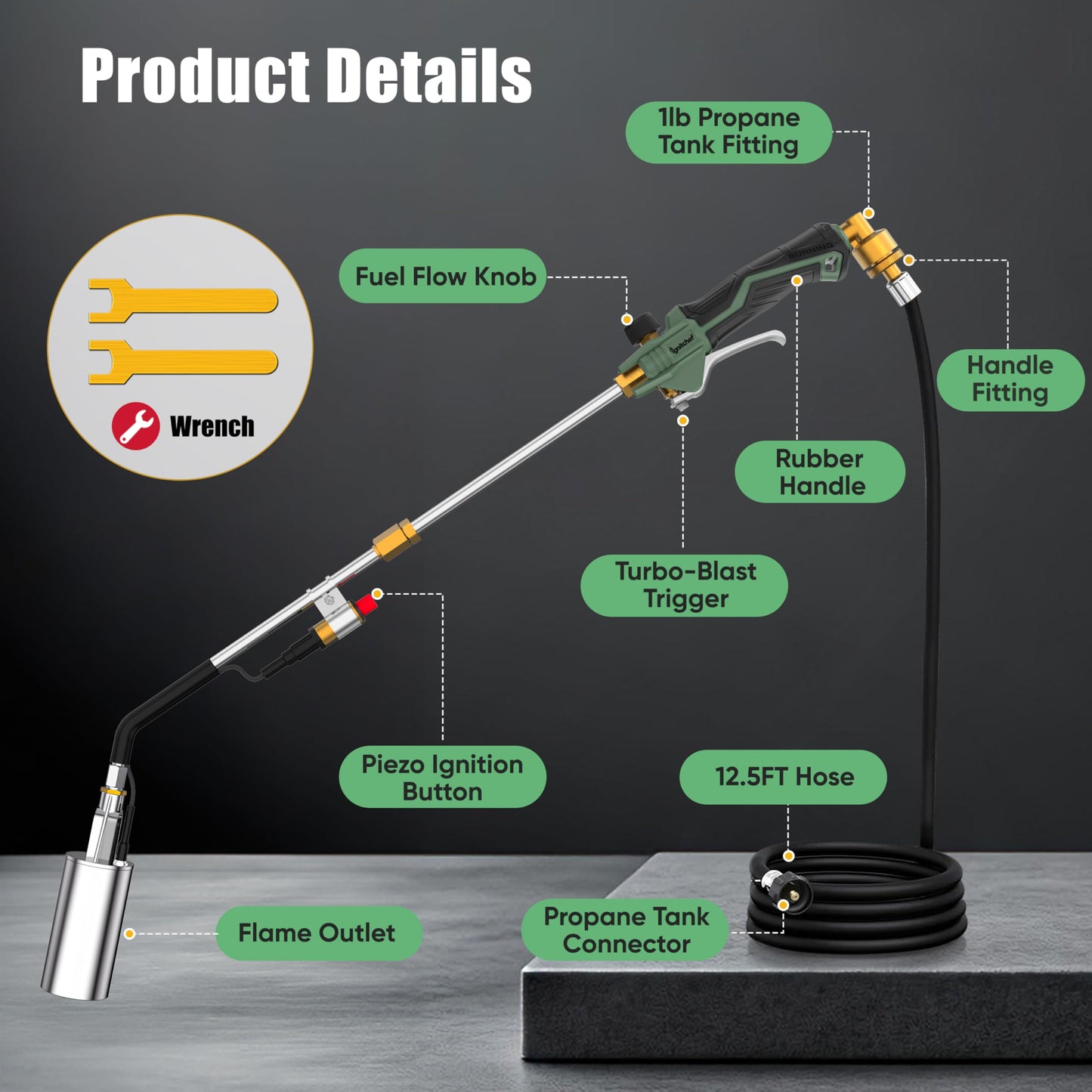 Propane Torch Weed Burner Heavy Duty-340,000 BTU Weed Torch with 2 Extension Modes, Piezo Trigger(Self Igniting)&12.5ft Hose, Multi-Fuel Compatible(1lb-100lb) for Weeds, Ice Melting, Roofing, Green