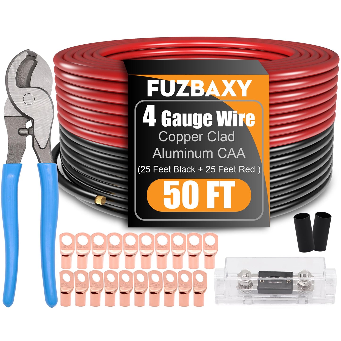 Fuzbaxy 4 Gauge Wire (25 Feet Black+25 Feet Red) Copper Clad Aluminum CCA/Primary Automotive Wire Power Ground,Battery Cable Lugs Terminal Connectors,Heat Shrink Tubing,100A ANL Fuse with Cutter