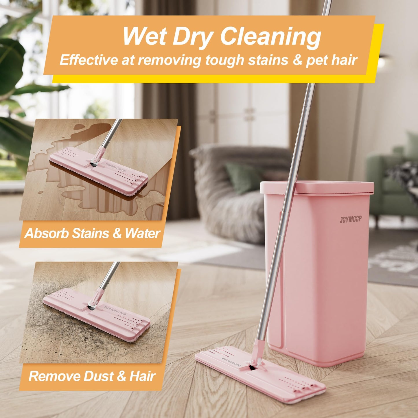 JOYMOOP Mop and Bucket with Wringer Set, Hands Free Flat Floor Mop and Bucket, 60" Mop with 5 Reusable Microfiber Pads, Wet and Dry Use, Floor Cleaning System - Pink