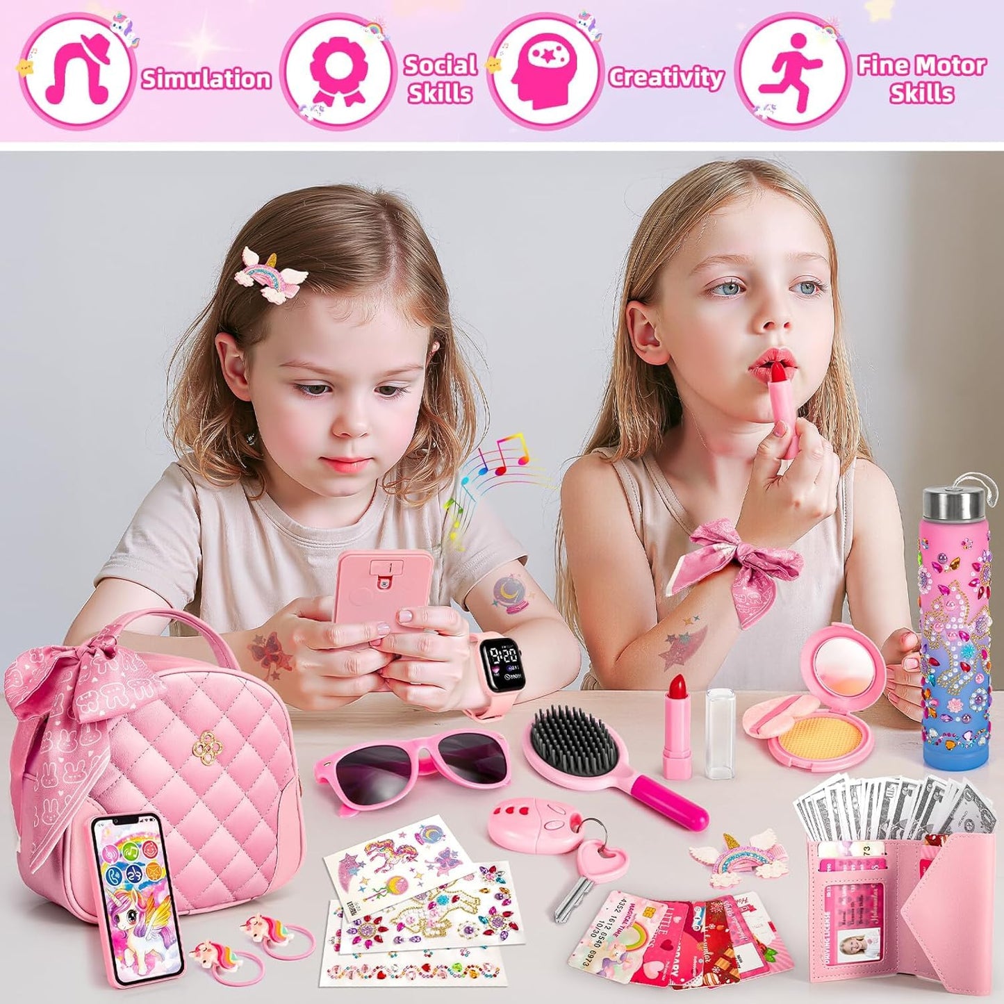 Hohosunlar Play Purse for Little Girls Toddlers, Kids Handbag w/ Pretend Makeup, DIY Unicorn Water Bottle, Toy Phone, Watch, Wallet Cards Stickers, Princess Christmas Birthday Gift Toy for Girls 3-12
