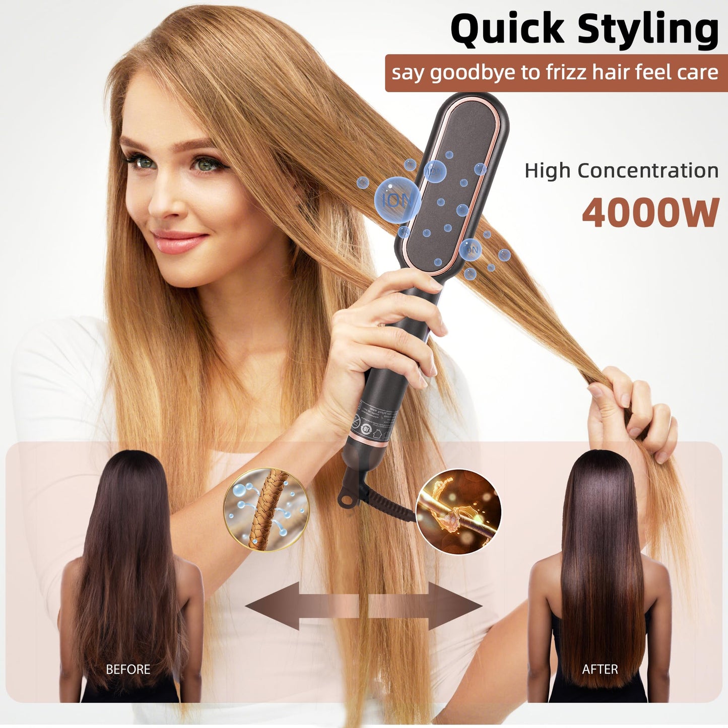 Hair Straightener Brush, 2 in 1 Flat Iron & Hair Brush for Straightening Hair, Anti-Scald Hot Straightening Comb with Negative Ions, 30s Fast Heating, 9 Temp Settings (120℃~200℃) and LED Display