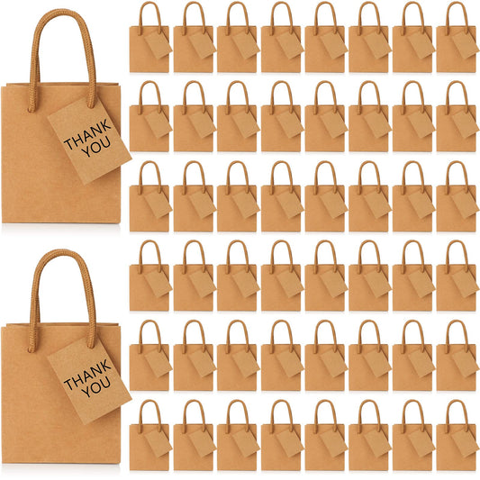 50 Pack Mini Gift Bags Bulk 4 x 2.75 x 4.5 Inch Tiny Paper Gift Bags with Handles and Tags Extra Small Paper Container for Birthday Party Favors Wedding Baby Shower Small Business(Kraft Color)