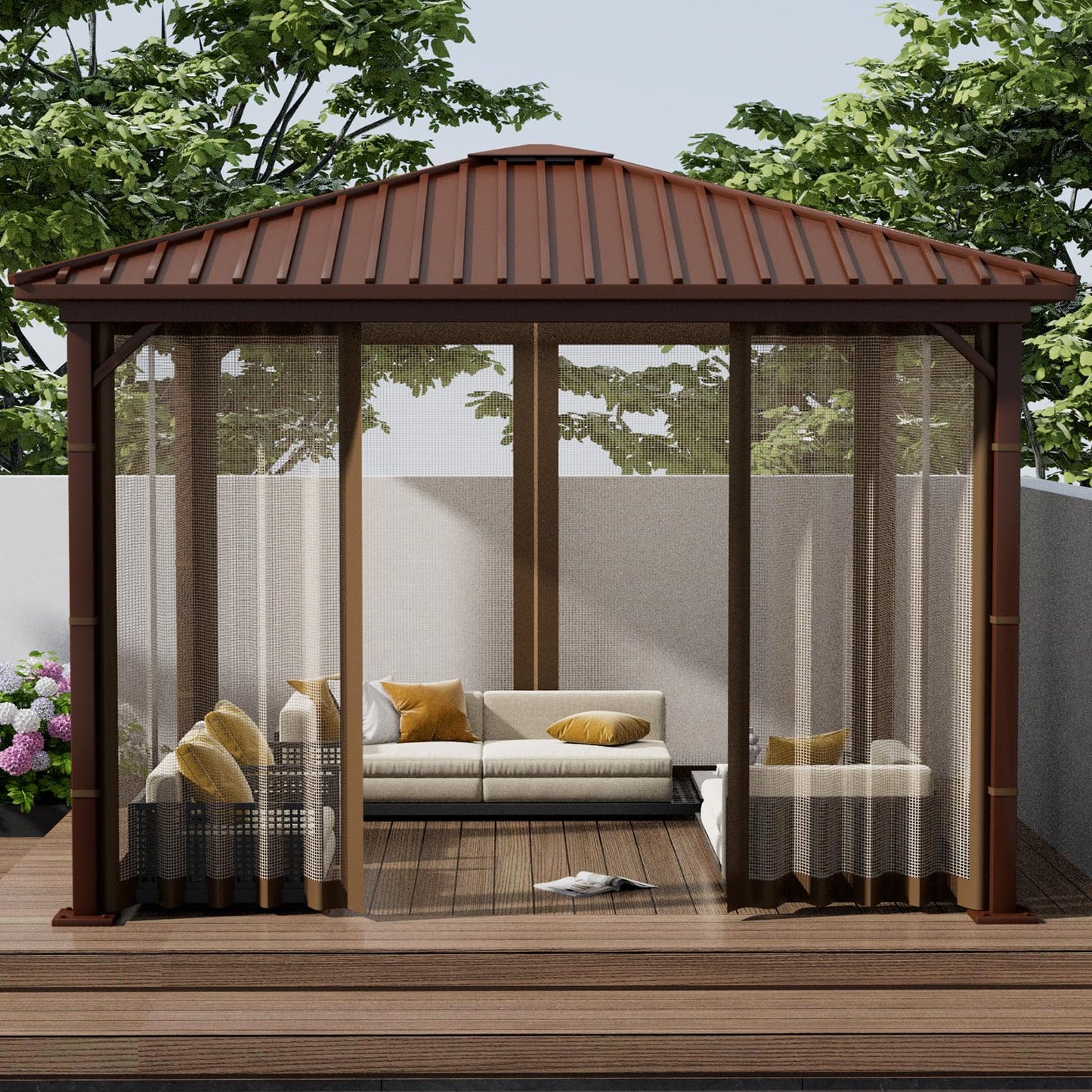 Mosquito Net Screen Walls for Outdoor Gazebo Canopy, 4-Panel with Zipper, Patio Tent Netting (Brown, 10 * 10 FT)