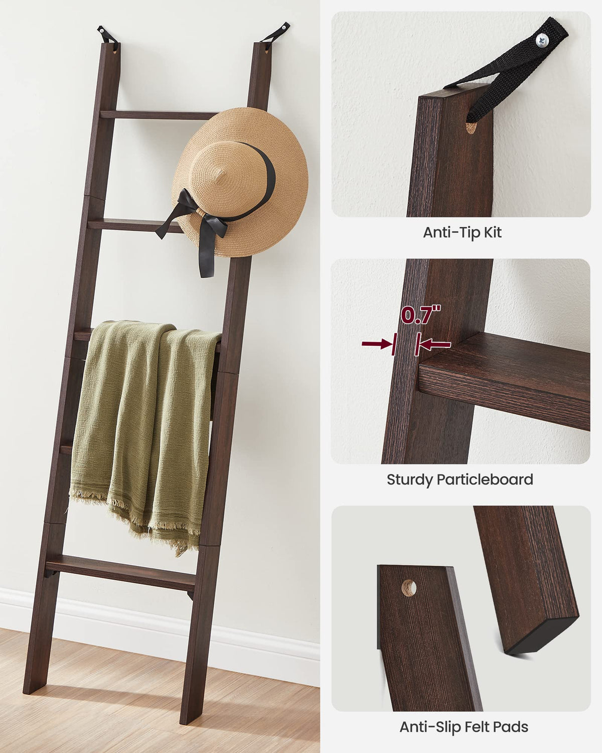 VASAGLE CUSTOS Collection - Blanket Ladder Decorative Farmhouse for the Living Room, 5-Tier Ladder Shelf, Ladder Rack for Storage and Decor, Maroon Brown ULLS018T51V1