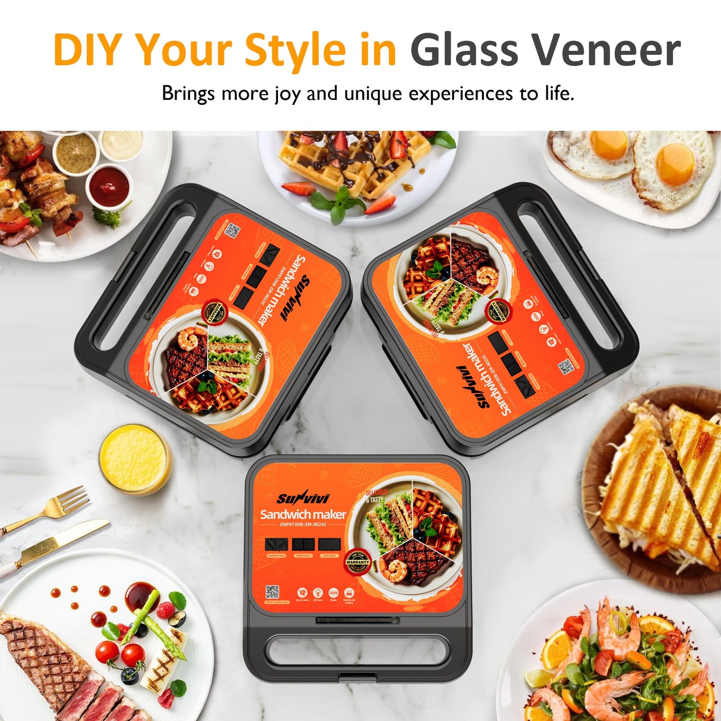 Sunvivi 3 in 1 Sandwich Maker, Electric Waffle Maker with Removable Non-stick Plates, 1000W Panini Press Grill with Glass Top, Cool Touch Handle & Easy to Clean, Black