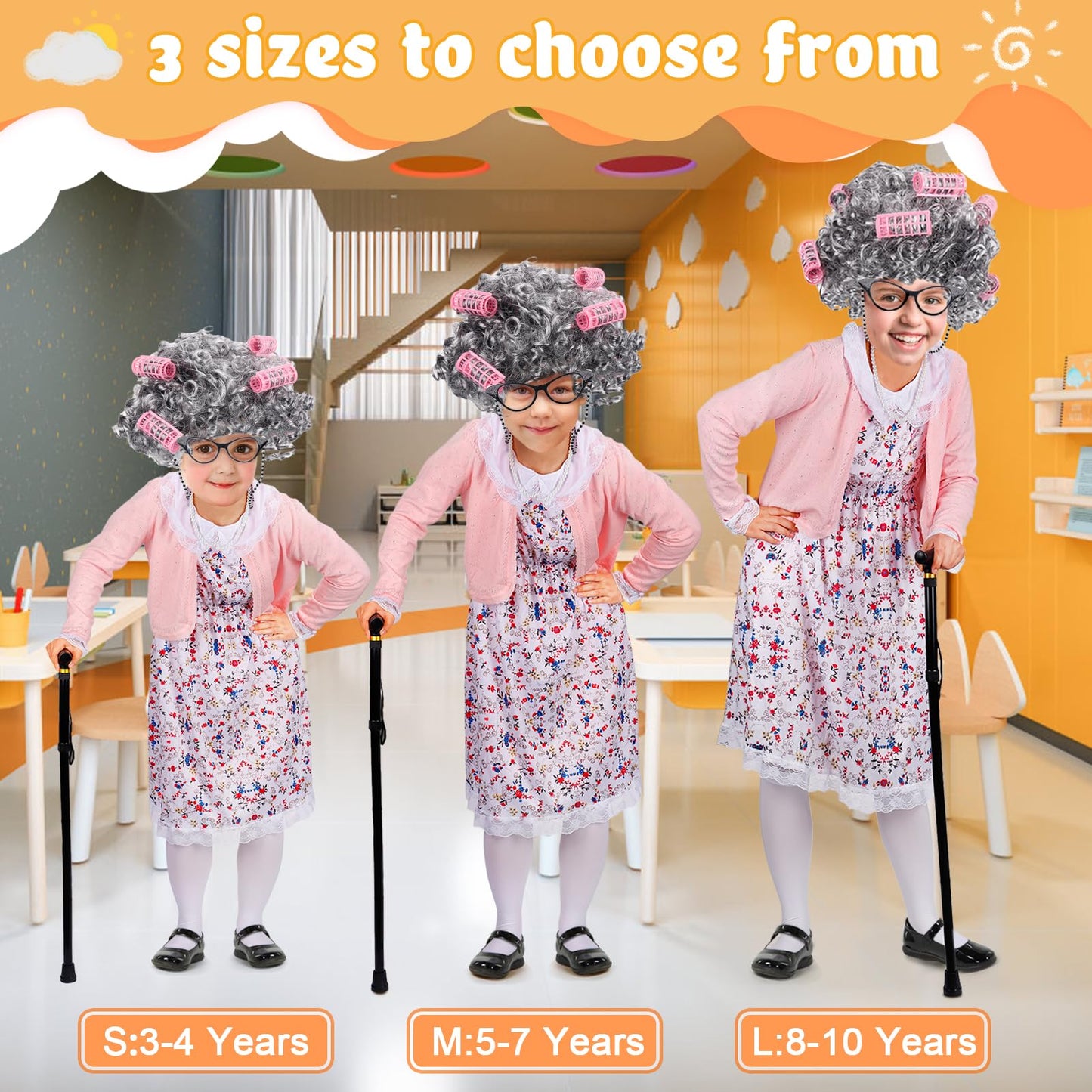 Cosweet Old Lady Costume for Girls, Grandma 100th Day of School Accessories for Kids 3-10 Years Cosplay Wig Dress up