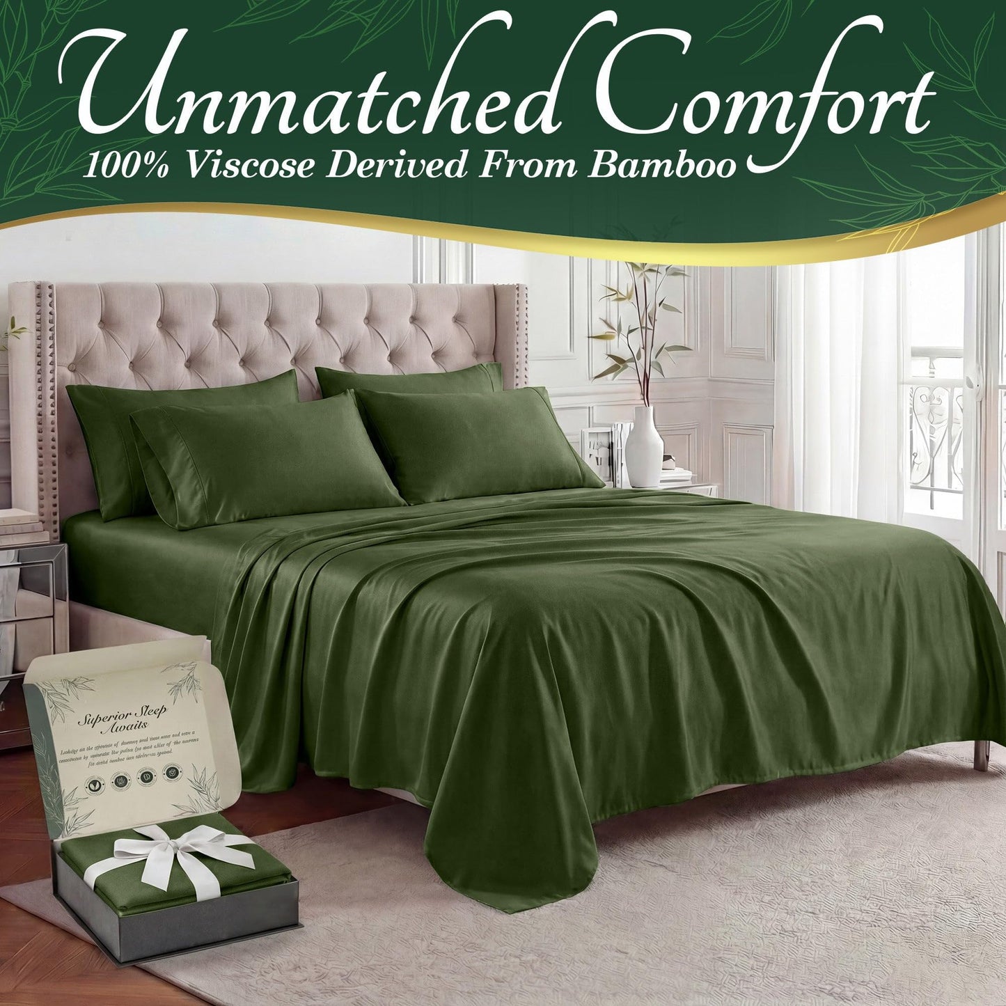 DECOLURE 100% Organic Viscose Derived from Bamboo Sheets Full Size 6pcs - Ultra Soft & Luxuriously Cooling, 17" Deep Pocket, Double Stitching, Perfect for Hot Sleepers - Full Bed Sheets (Olive)