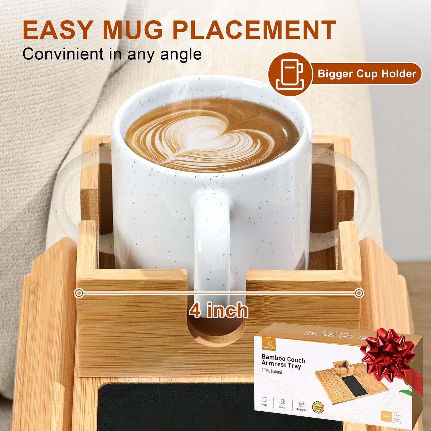 Joy&Grace Sofa Armrest Tray with Large Mug Holder, Bamboo Couch Arm Tray, Anti-Slip Couch Cup Holder Foldable Sofa Arm Table for Eating Drinks Cellphone (Color Natural)