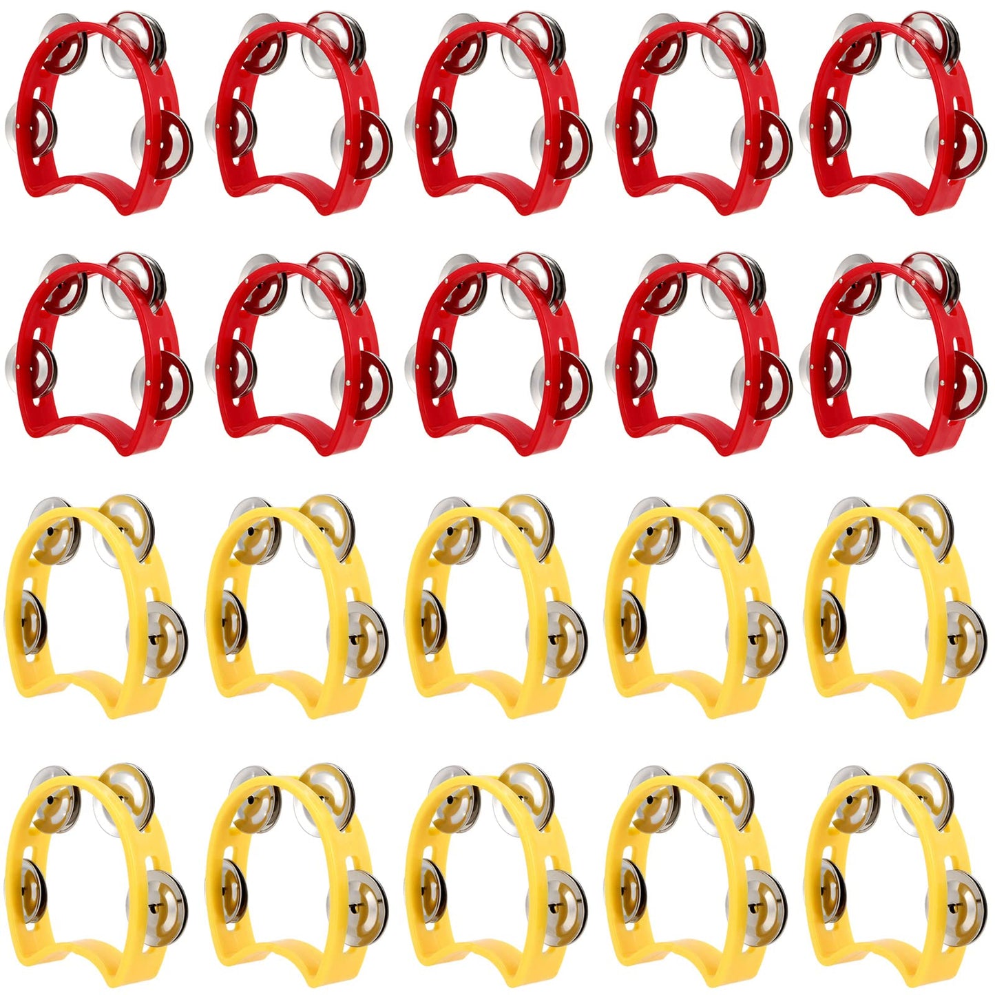 MUKLEI 20 Pack Half Moon Handheld Tambourine, Half Moon Musical Tambourine for Beginner, School, Red and Yellow