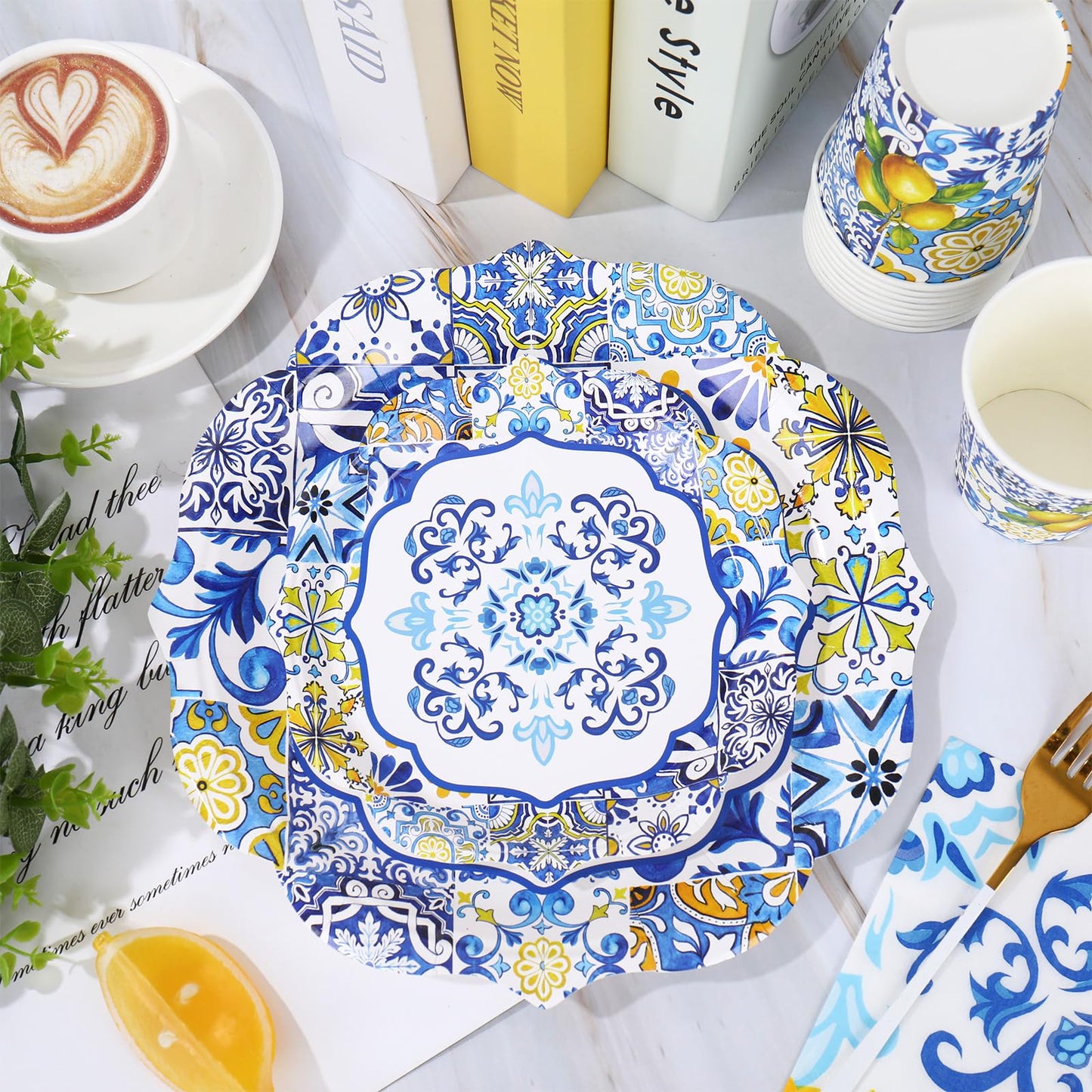 Whaline 96Pcs Capri Lemon Tableware Set Blue Tiles Yellow Lemon Disposable Dinnerware 24 10'' Plates 24 7'' Plates 24 Napkins 24 9oz Cups for Summer Birthday Party, Serves 24