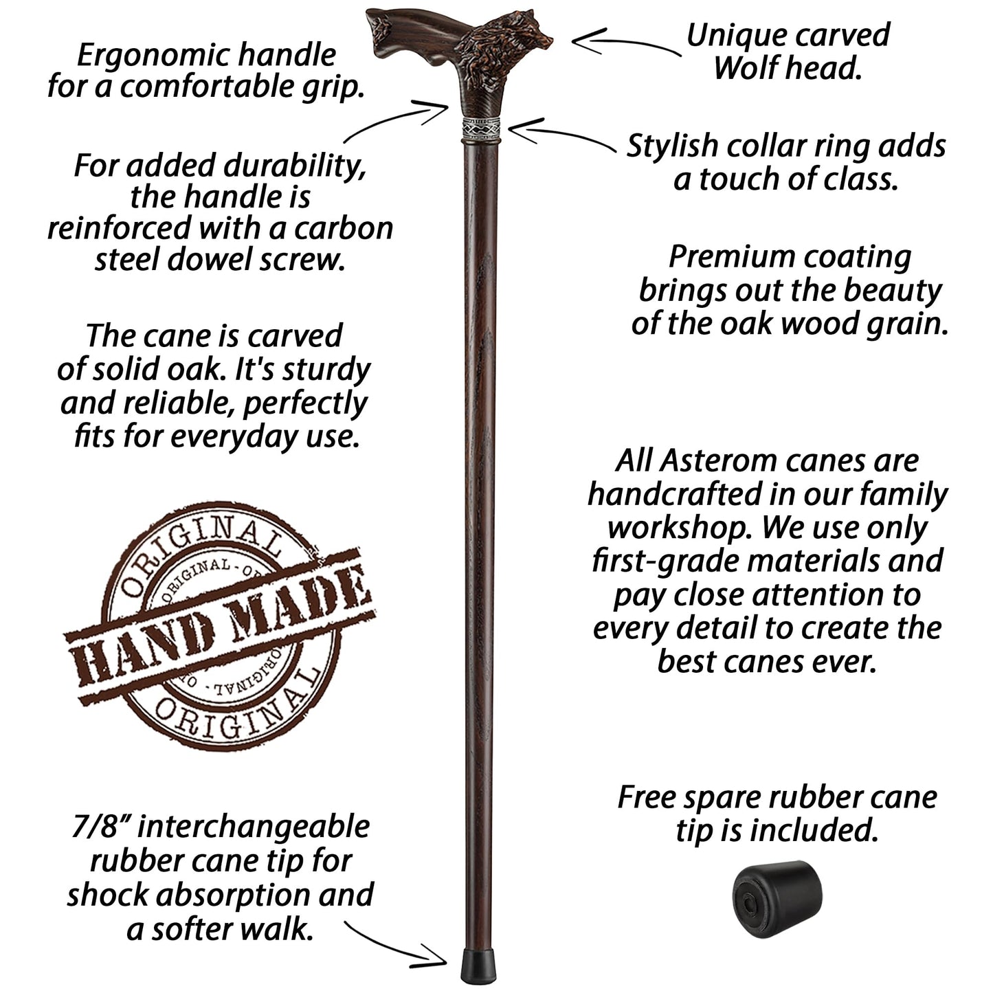 Cool Carved Walking Cane for Men and Women - Wolf Fenrir - Stylish Men's Wood Cane - Unique Walking Stick