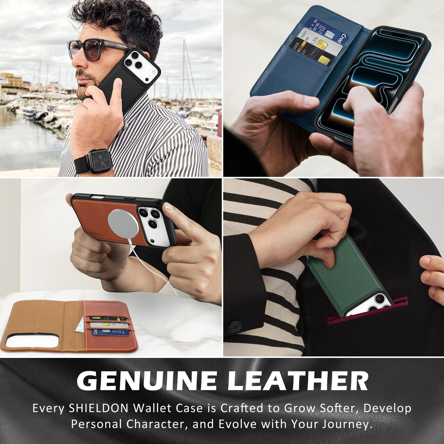 SHIELDON Genuine Leather Detachable Wallet Case for iPhone 17 Pro Max 6.9", Wireless Charging | Removable Cover |Magnetic Kickstand | RFID Blocking | 3 Card Slot 2025 - Nappa Black