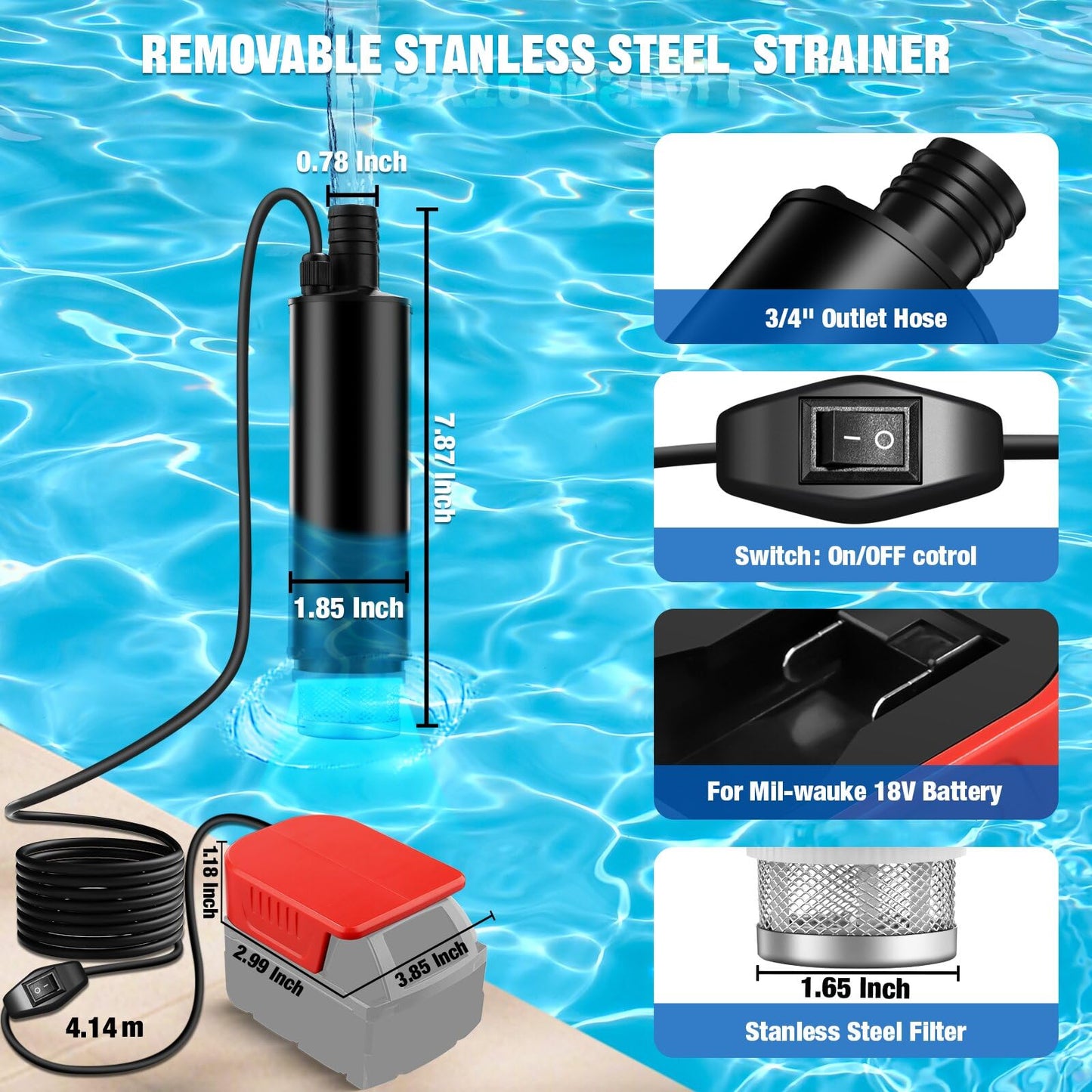 Cordless Submersible Water Pump for Milwaukee M-18 18V Battery,635GPH Portable Transfer Water Pump for Camping Tub Garden RV Pond Draining Job Sites(No Battery)