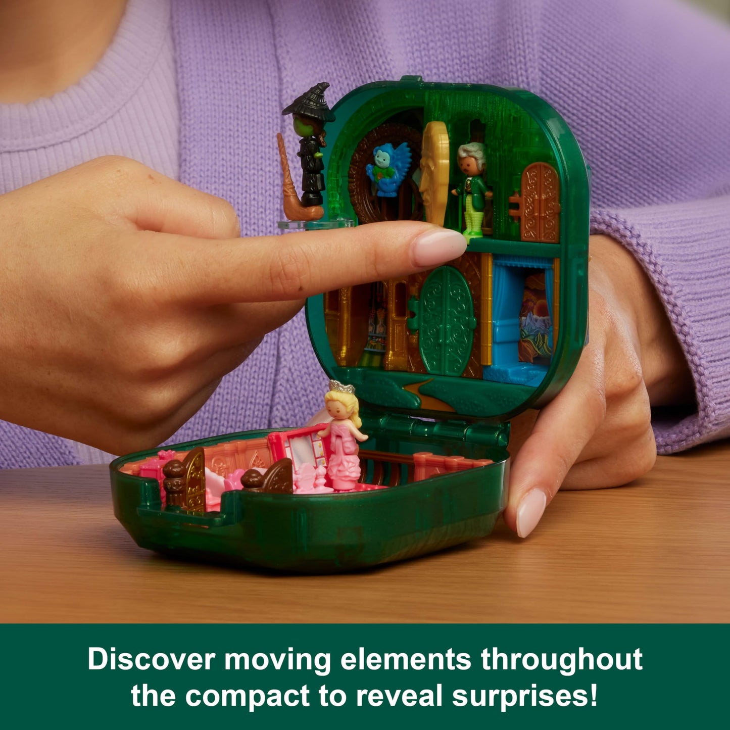 Polly Pocket Wicked x Collector Compact, Micro Dolls and Playset, 2 Themed Accessories, Iconic Shiz & Oz Locations, Glinda, Elphaba, & The Wizard