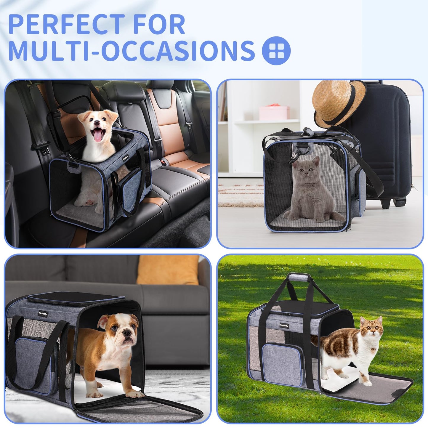 Fostanfly Cat Carriers for Medium Cats Under 20 lbs, Dog Carriers for Small Dogs, Extra Large Pet Bag Soft Sided with Big Pocket,4 Ventilated Windows, 3 Doors