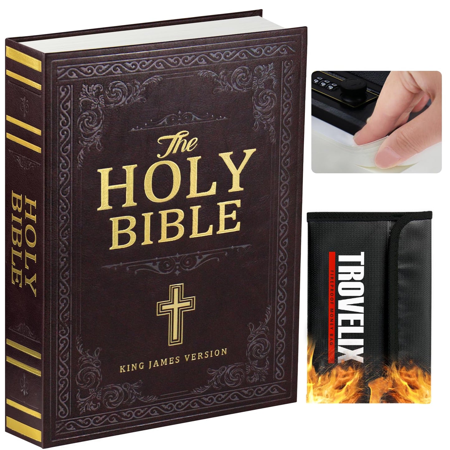 Book Safe with Combination Lock, Hidden Safe (10.9 x 7.7 x 1.8 Inch) with Fireproof Bag, Secret Diversion Safe, Hollow Book Box Hidden Storage, Money Safe Box for Cash (Bible)