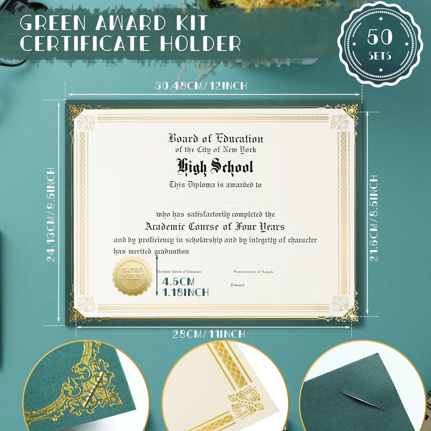 Kosiz 150 pcs Certificate Kit Includes 50 Gold Foil Certificates 50 Single Sided Holders 8.5'' x 11"50 Gold Foil Award Seals for Diplomas, Awards, and Accomplishments(Green)