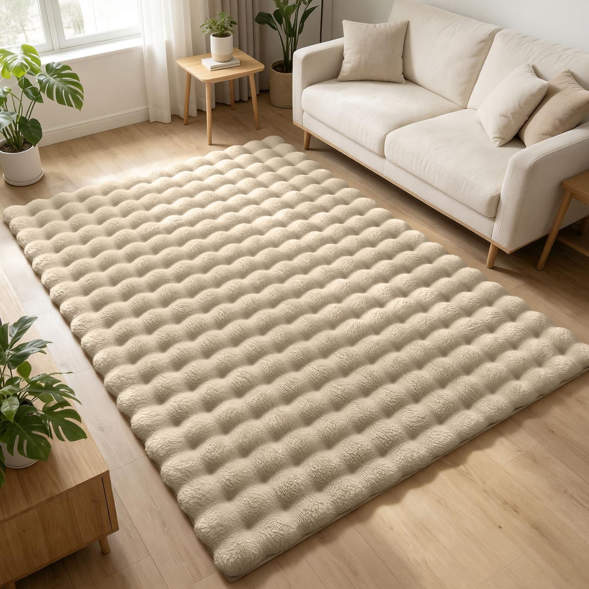 OLANLY Fluffy Faux Fur Area Rugs for Living Room, 4x6 Feet Machine Washable Bubble Area Rug, Soft Shaggy Carpet for Bedroom, Dorms, Nursery Rooms, Home Decor, Beige
